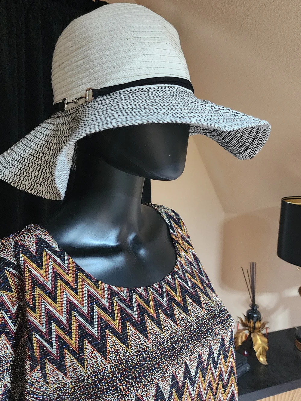 Wide Brim Black White Straw Sun Hat Equestrian Bit Detail Floppy Hat S/M
